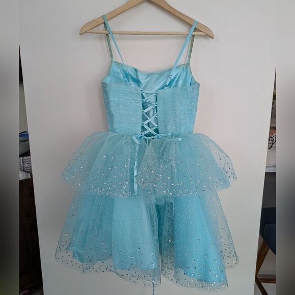 Ashley Lauren Sparkly Blue Tiered Tulle Mini Prom Dress Size 8 - Picture 8 of 9